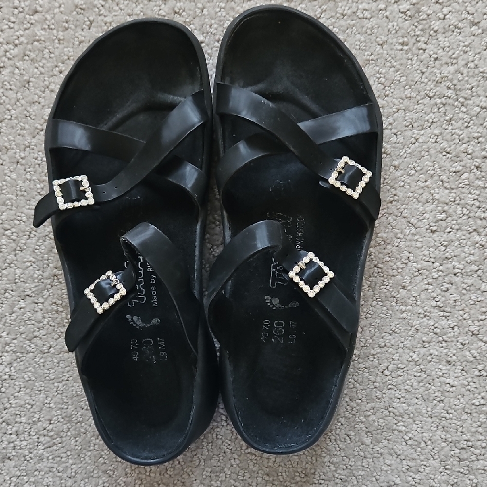 Birkenstock Black Strappy Sandals with Rhinestone-Style Buckles